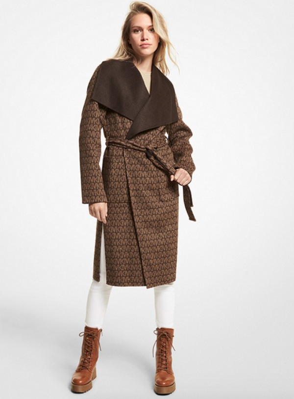 Receive up to 60% off at MICHAEL KORS – Wool Blend Logo Jacquard Wrap Coat Style# 77F5443M22